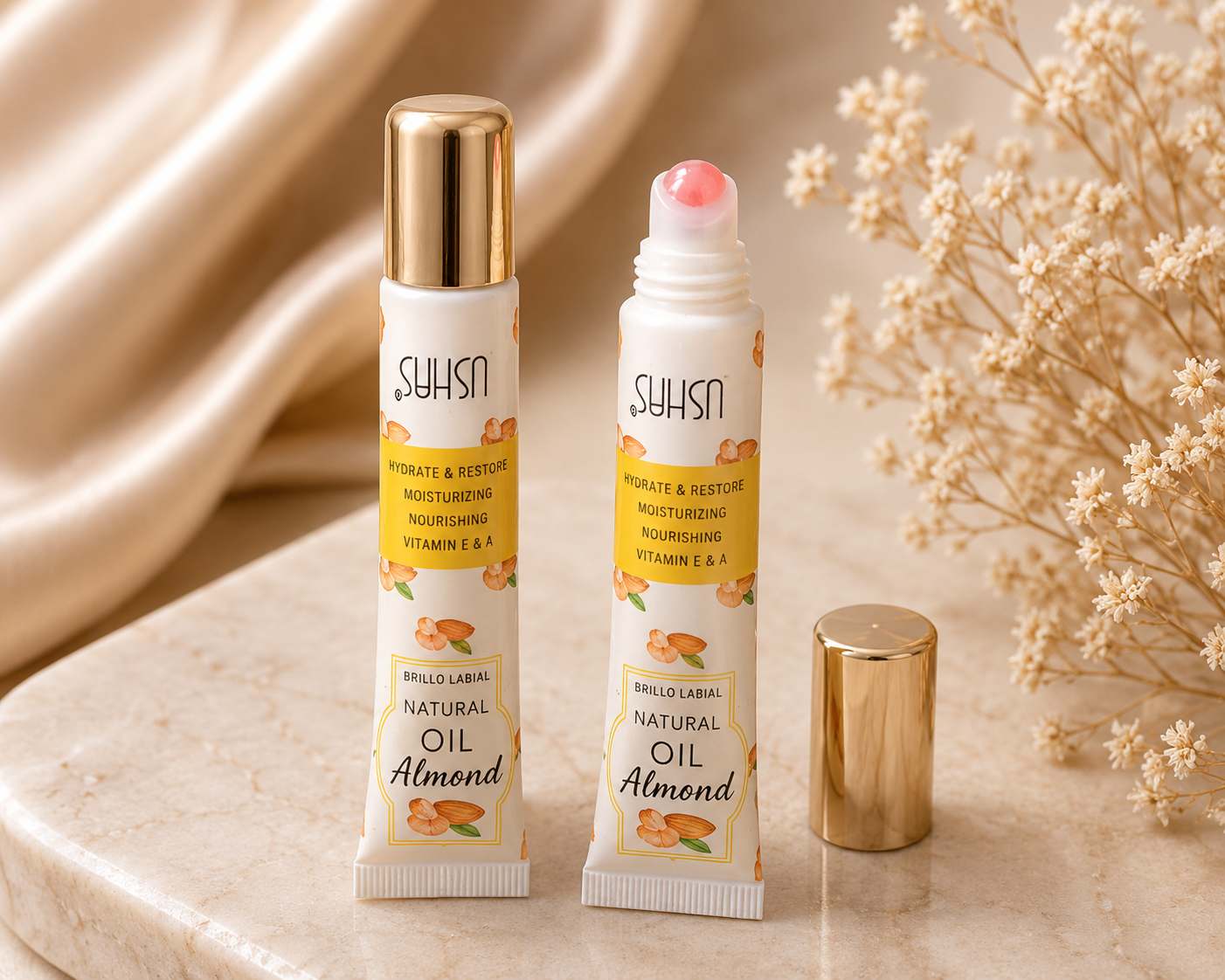 SUHSN Natural Almond Oil Lip Gloss | Hydrating & Moisturizing Lip Oil | Vitamin E & A Nourishing Lip Treatment | Long-Lasting Shine